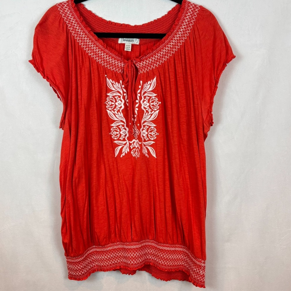Dressbarn Womens Orange Embroidered Cap Sleeve Boho‎ Peasant Shirt Size 14/16